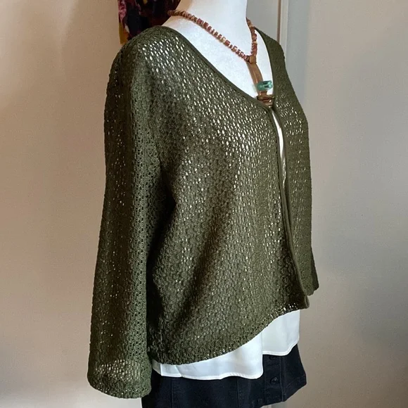 Norton Studios Women’s Open Knit Long Sleeve Olive Green Layering Summer Sweater - Picture 2 of 6